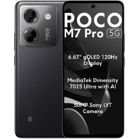 Smartphone POCO M7 Pro 5G preto com texto sobre especificações no ecrã