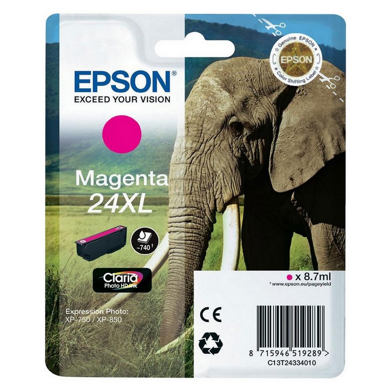 Cartucho de tinta Epson Magenta 24XL com imagem de elefante na embalagem