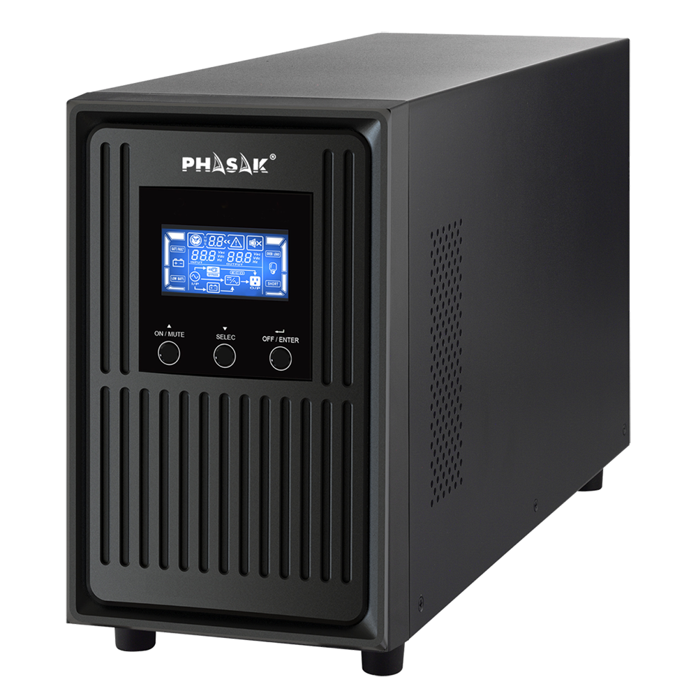 Nobreak preto Phasak com ecrã digital e botões frontais