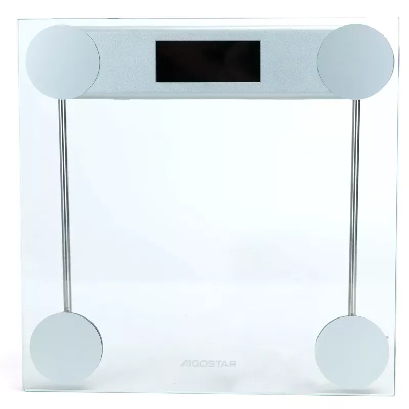 Balança digital quadrada transparente com visor preto e cantos arredondados prateados