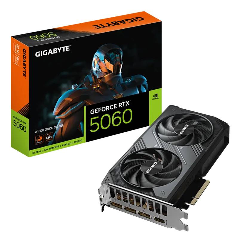 Placa gráfica Gigabyte GeForce RTX 5060 com ventoinhas e caixa colorida