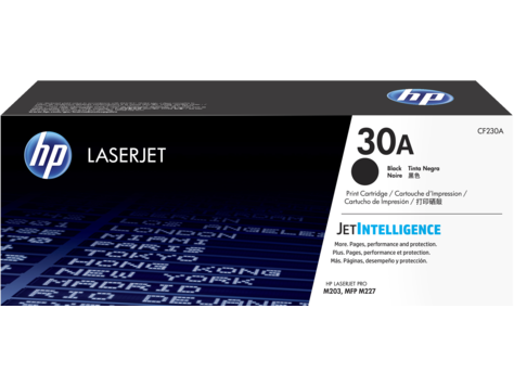 Caixa de toner HP LaserJet 30A CF230A preta e branca com detalhes em azul