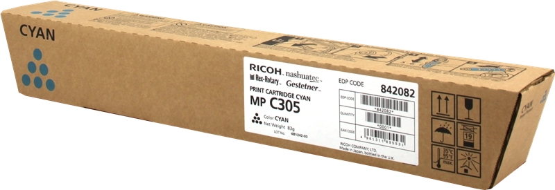 Embalagem de cartridge de impressão cyan da Ricoh em papelão castanho