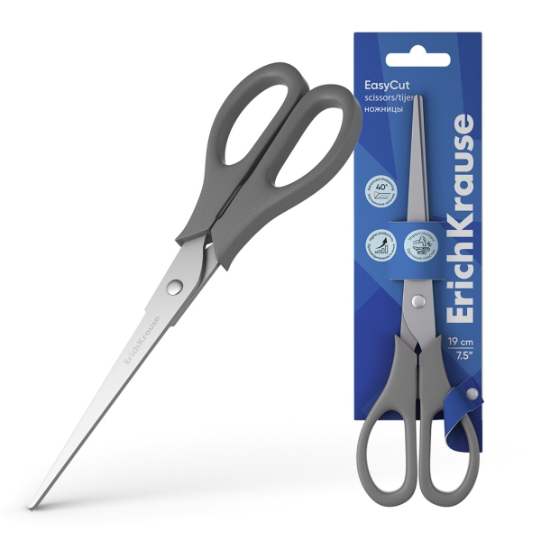 Tesoura Erich Krause EasyCut cinzenta e metálica na embalagem azul