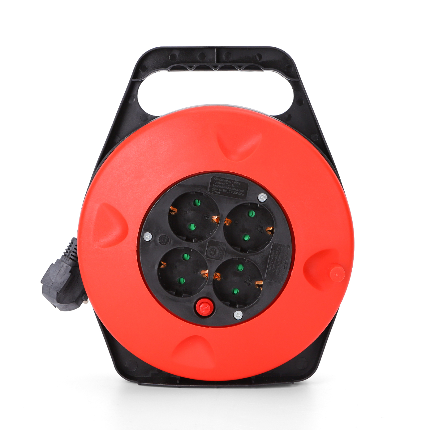 Bobina de extensão elétrica preta e vermelha com quatro tomadas e cabo.