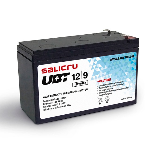 Bateria recarregável preta Salicru UBT 12V 9.0Ah com etiqueta branca azul