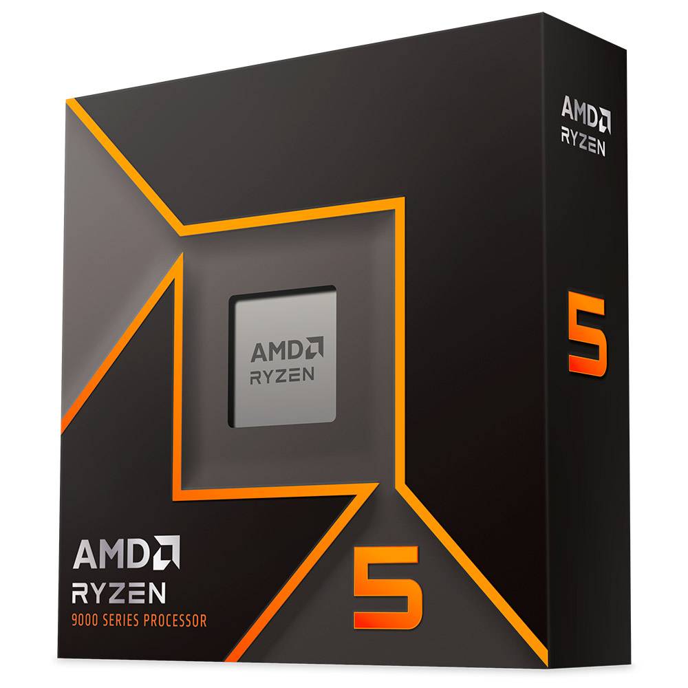 Caixa preta e cinza com detalhes em laranja do processador AMD Ryzen 5