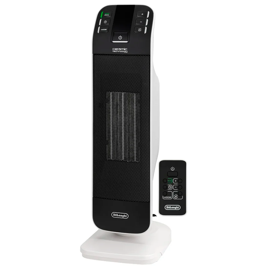 Aquecedor cerâmico DeLonghi preto e branco com comando remoto