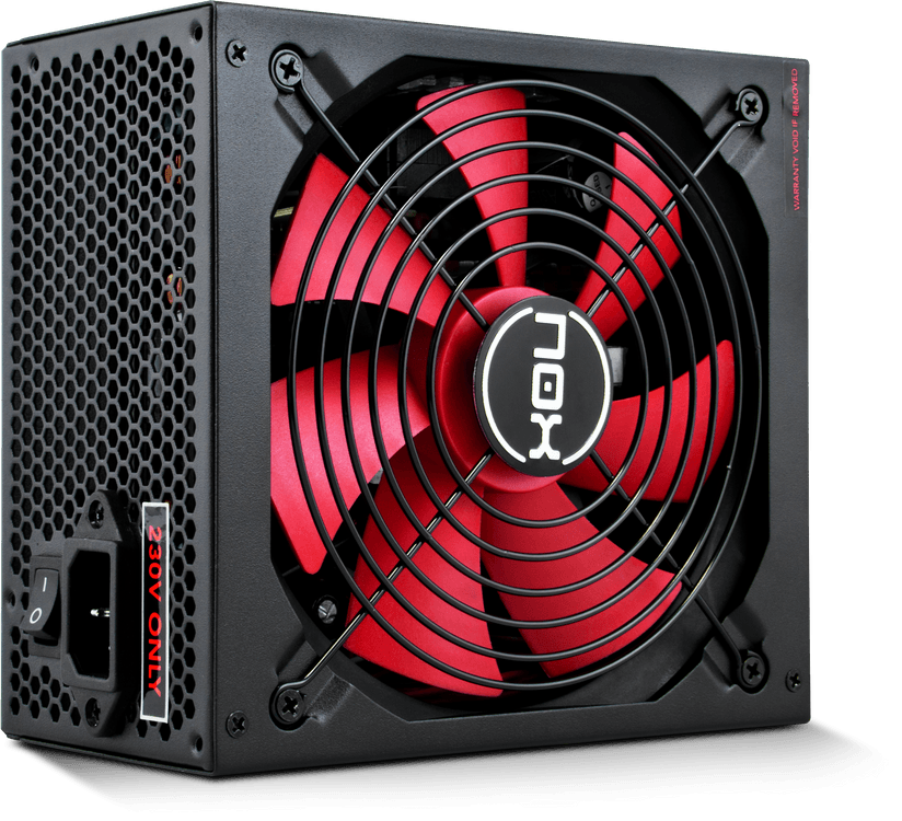 Fonte de alimentação para computador com ventoinha vermelha e grelha preta