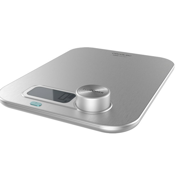 Balança digital de cozinha prateada com visor e botão azul