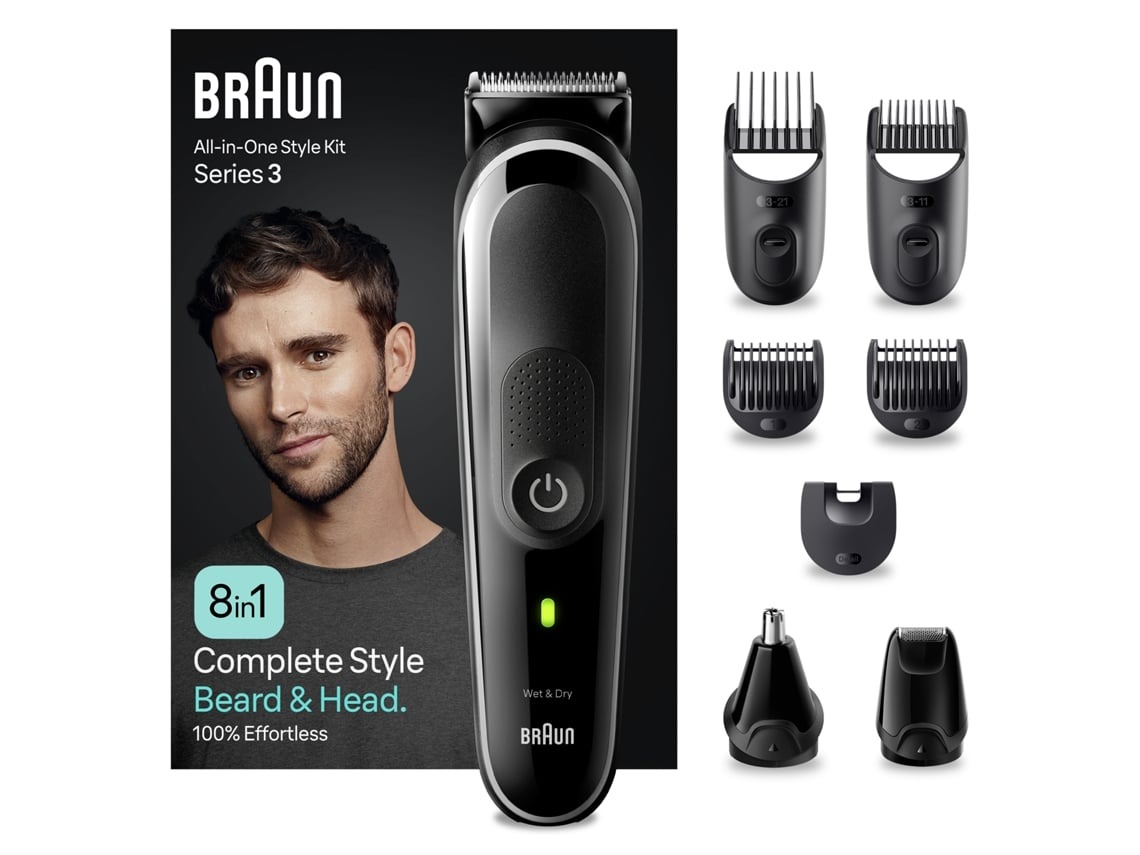 Kit de barbeador elétrico Braun preto com acessórios para barba e cabelo