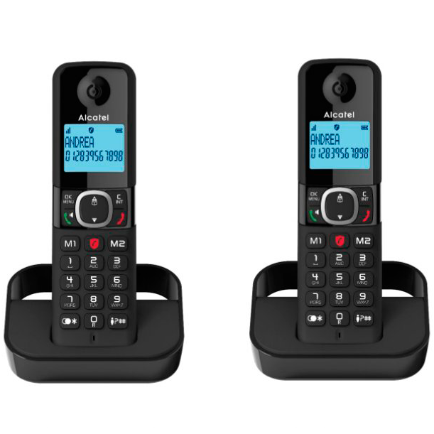 Dois telefones fixos sem fios Alcatel préto com ecrã azul e teclado numérico grande
