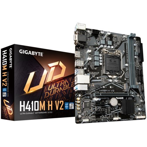 Placa mãe Gigabyte H410M H V2 com caixa preta dourada