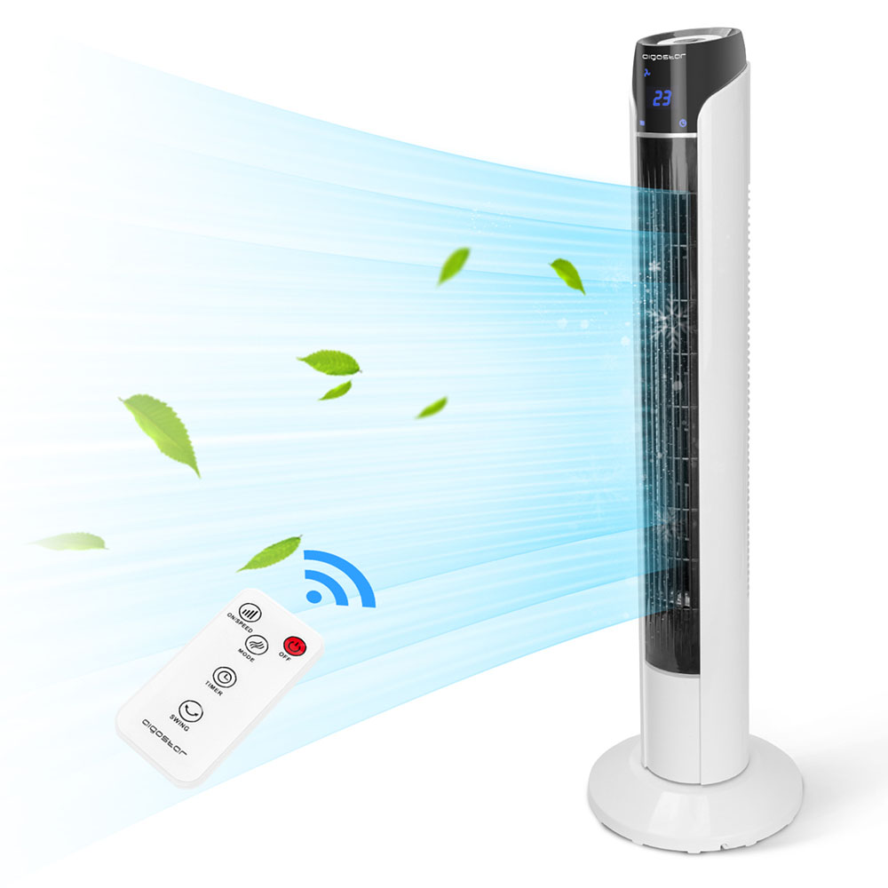 Ventoinha torre branca com ecrã digital azul e controlo remoto branco