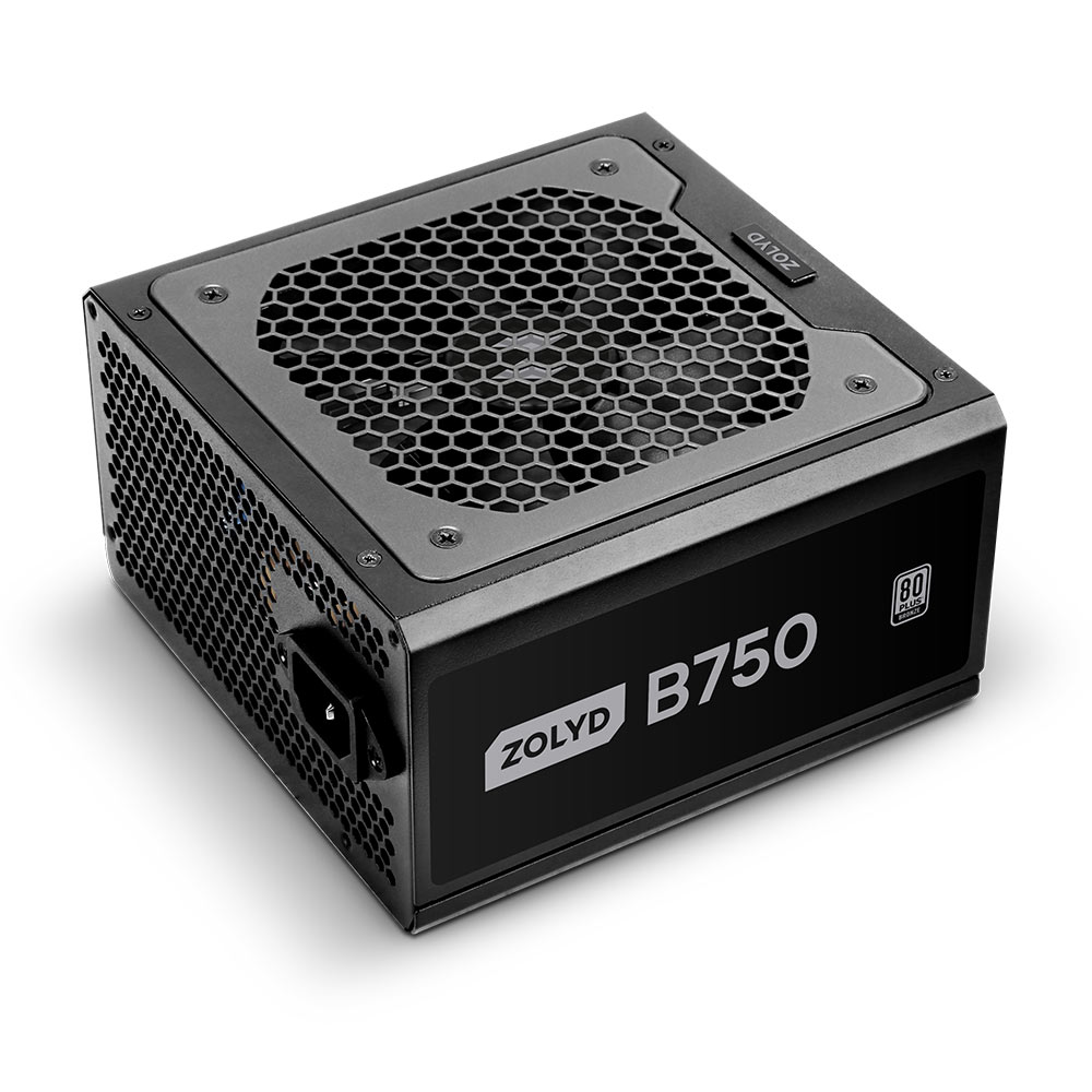 Fonte de alimentação de computador ZOLYD B750 preta com grelha hexagonal no topo