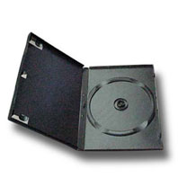 Estojo plástico preto aberto para DVD/CD com encaixe circular.