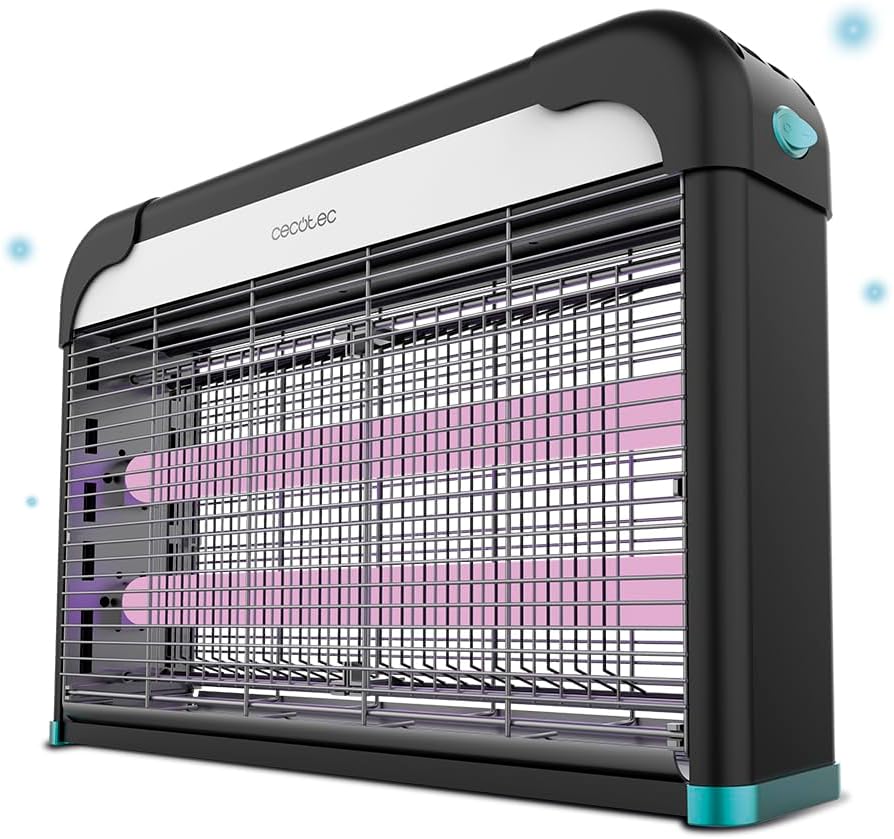 Aparelho elétrico preto e branco com grelha metálica e lâmpadas ultravioletas cor-de-rosa