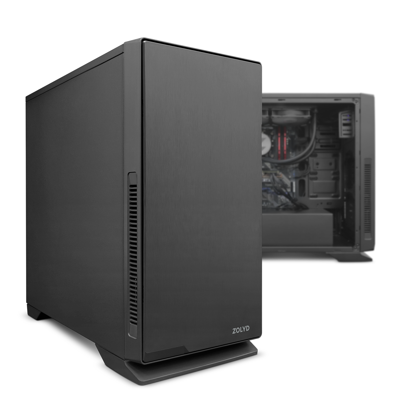 Computador desktop preto com painel frontal liso e logo ZOLYD