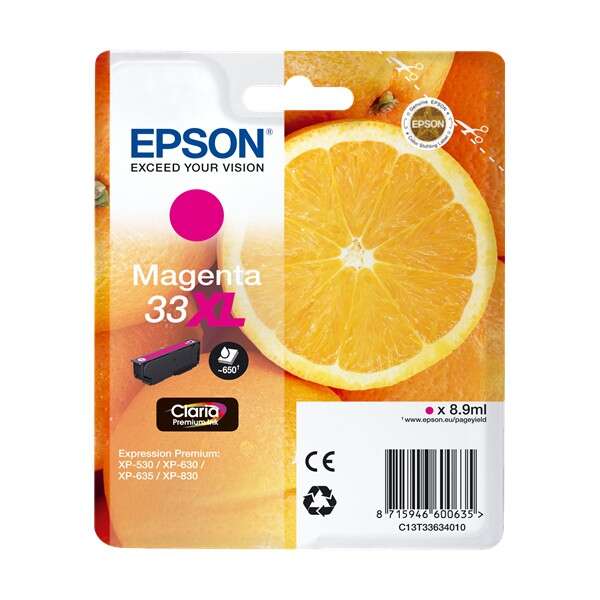 Recarga tinta Epson Magenta 33XL embalagem com laranjas