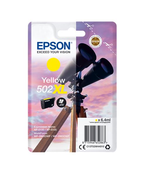 Cartucho tinta Epson amarelo 502XL para impressoras, embalagem com selo Epson