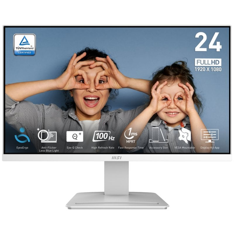 Monitor MSI 24 polegadas branco com imagem de duas pessoas no ecrã e fundo azul