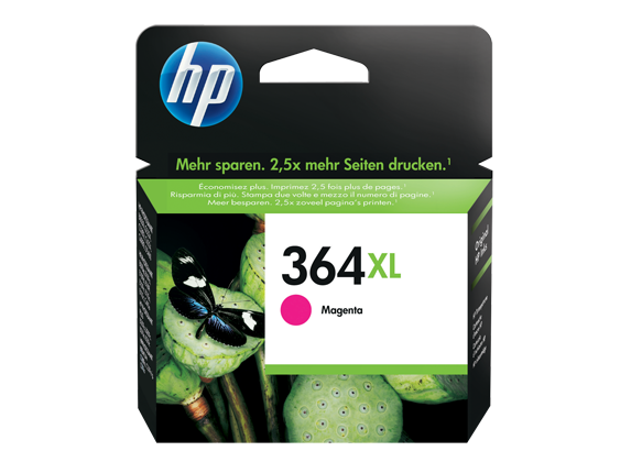 Embalagem de tinteiro HP 364XL magenta com borboleta e folhagem