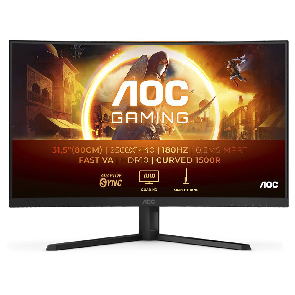 Monitor AOC Gaming curvo de 31,5 polegadas com especificações técnicas no ecrã