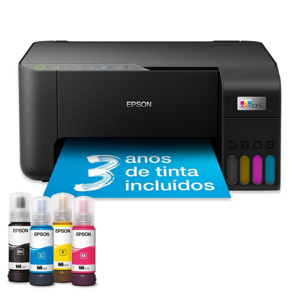 Impressora Epson EcoTank preta com frascos de tinta e papel azul a sair com texto
