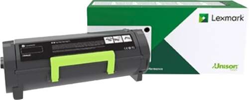 Cartucho de toner Lexmark preto com pega verde à frente de caixa branca e verde