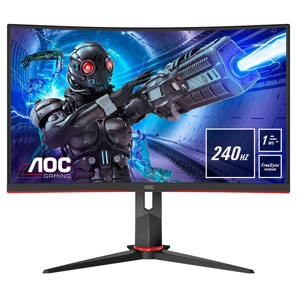 Monitor curvo AOC Gaming com imagem de robô e textos 240 HZ, 1 MS, FreeSync PREMIUM
