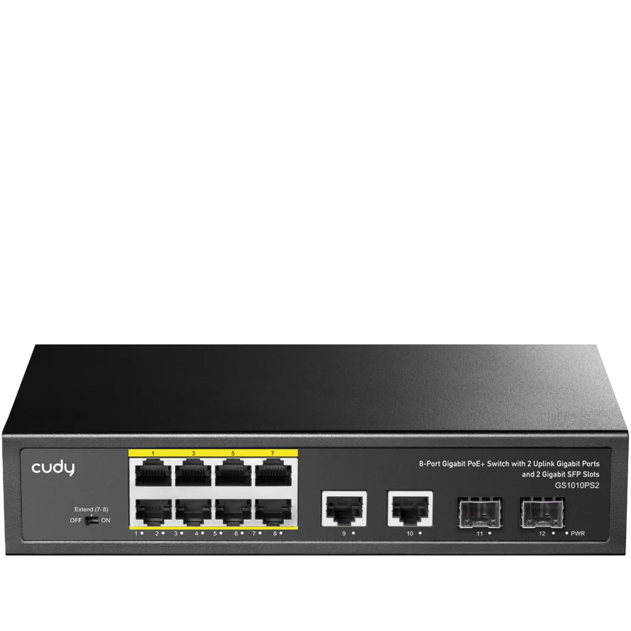 Switch de rede preto Cudy com múltiplas portas e slots.