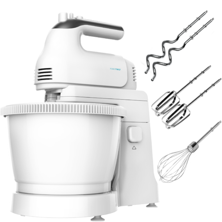 Batedeira elétrica branca com taça e acessórios variados à parte.