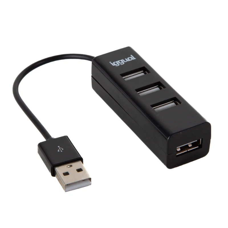 Hub USB preto com quatro portas e cabo USB