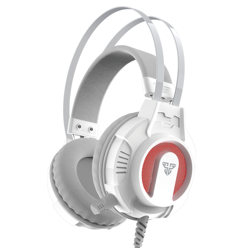 Headphones grandes circumaurais brancos com detalhes vermelhos e microfone
