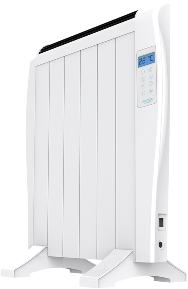 Aquecedor elétrico branco com painel digital azul e pés largos