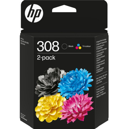 Embalagem preta de tinta para impressora HP 308 com flores coloridas