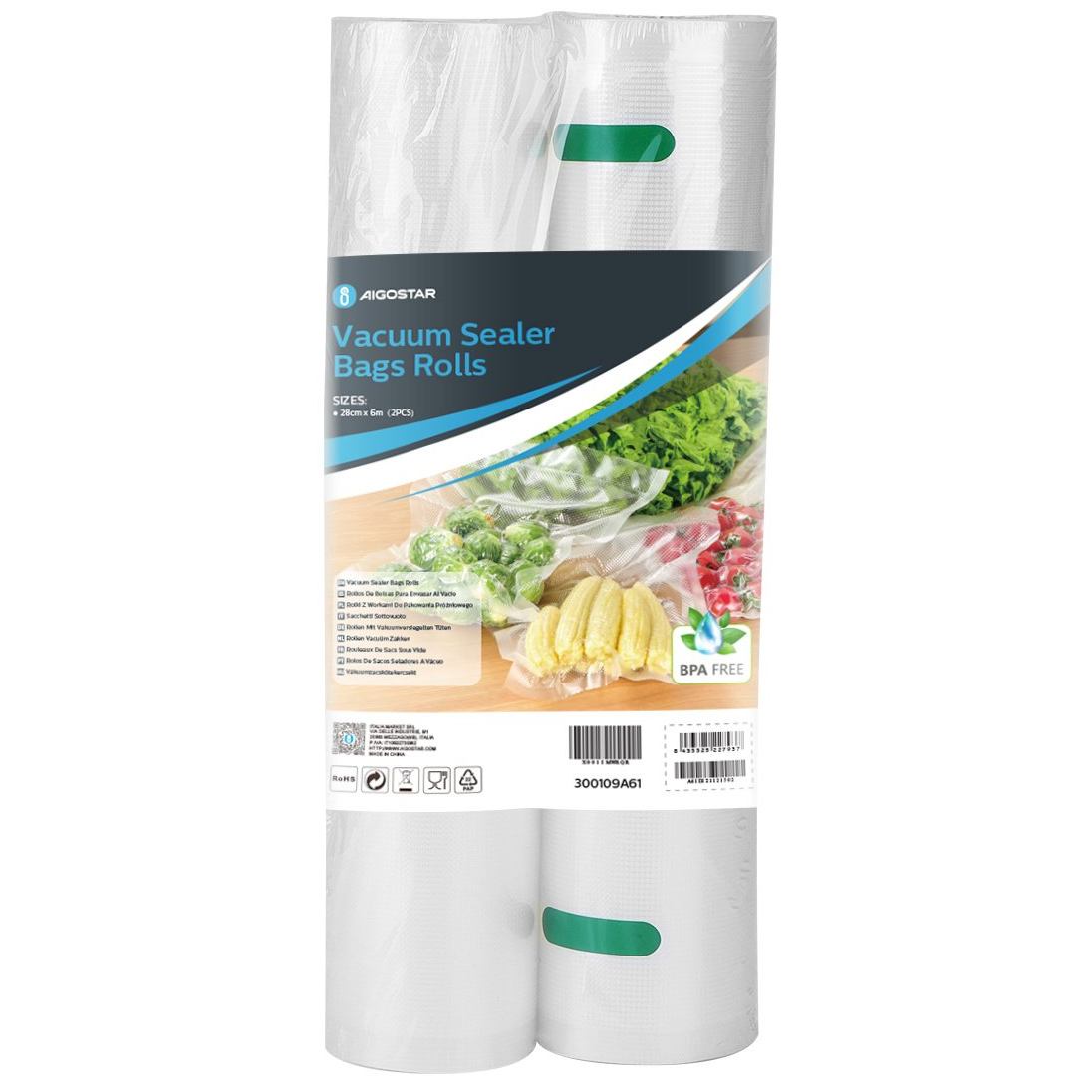 Pacote de rolos de sacos para seladora a vácuo Aigostar com legumes na embalagem.