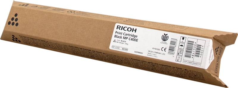 Embalagem castanha com cartucho de impressão Ricoh Black MP C400E