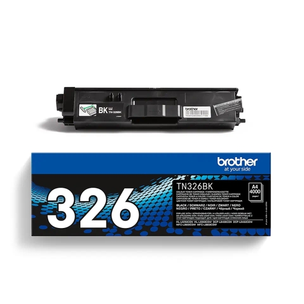 Cartucho de toner Brother TN326BK preto com embalagem azul e preta.