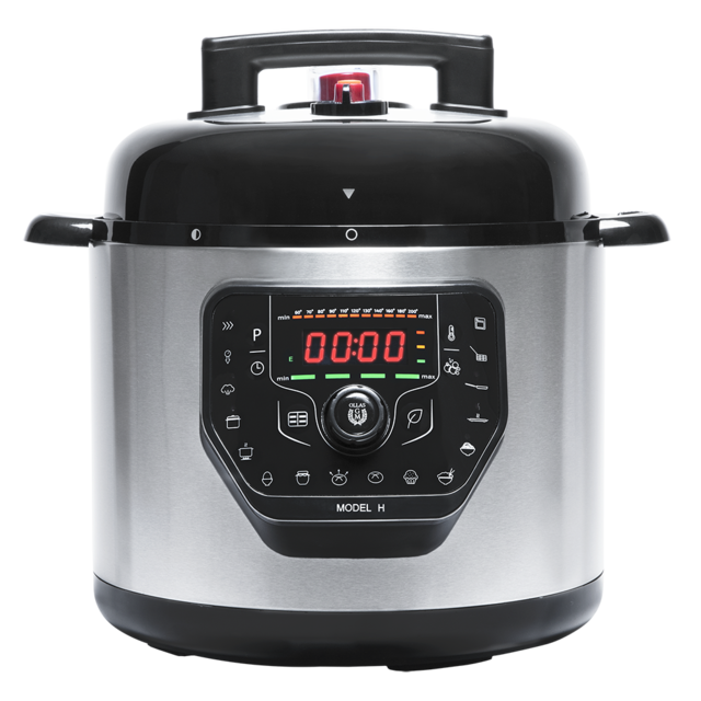 Panela de pressão elétrica cinza com painel digital e pega preta