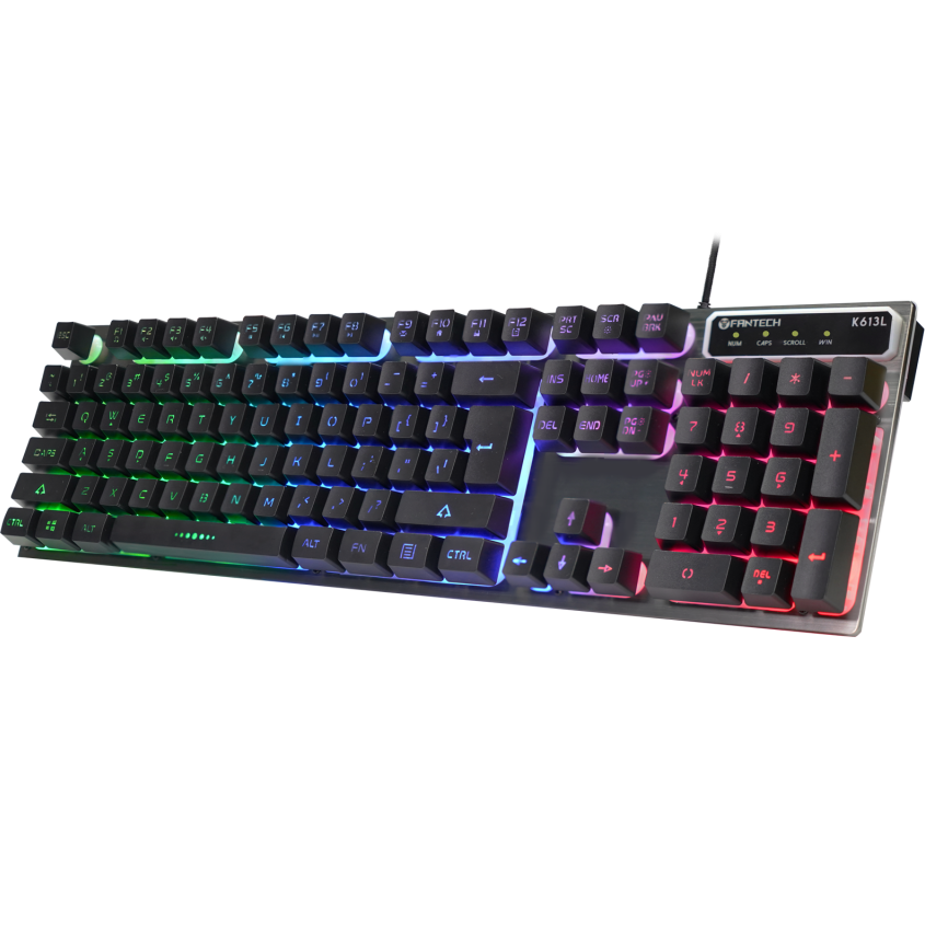 Teclado mecânico preto com iluminação RGB multicolorida e design moderno