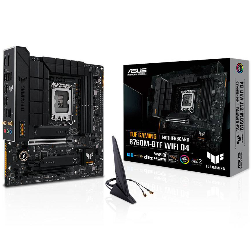 Placa-mãe ASUS TUF GAMING B760M-BTF WIFI D4 com antena e embalagem