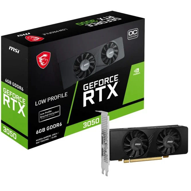 Placa gráfica MSI GeForce RTX 3050 ao lado da caixa preta e verde
