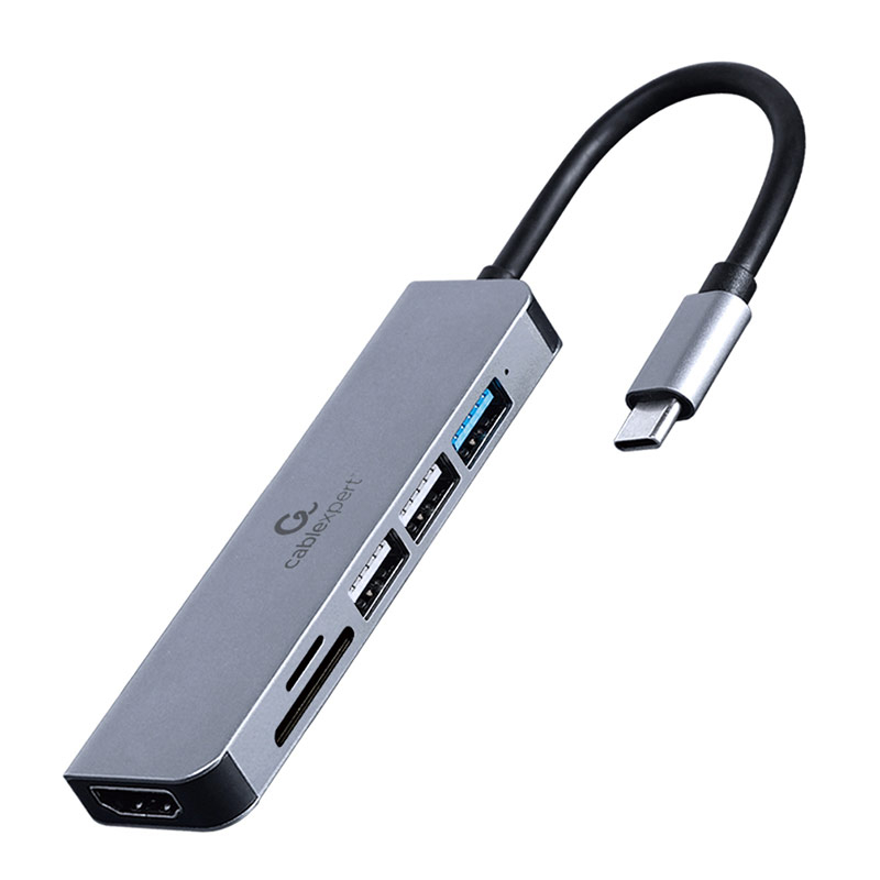 Hub USB multifunções com várias portas em metal cinza e cabo USB-C