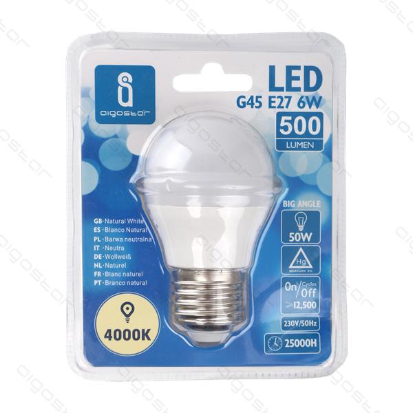 Lâmpada LED G45 E27 6W numa embalagem azul e branca com informações técnicas