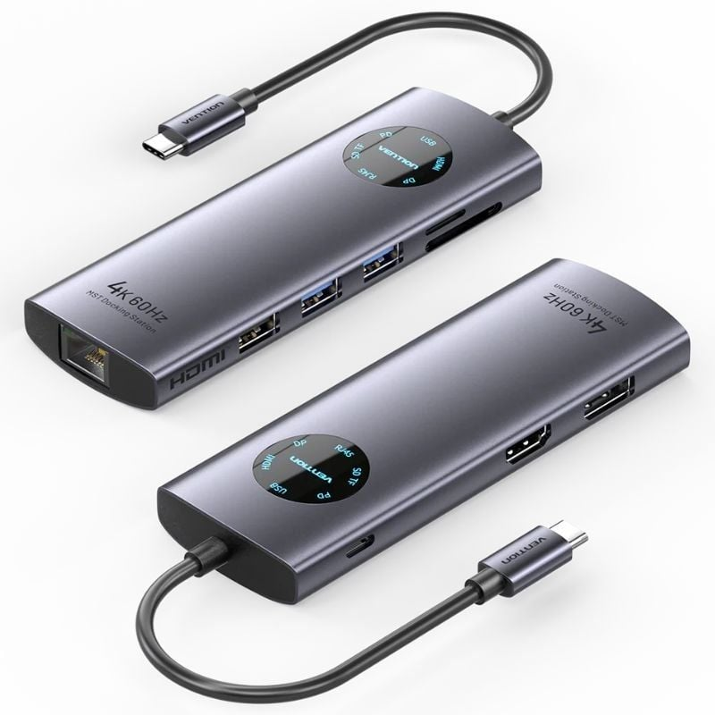 Hub USB tipo C metálico cinza escuro com múltiplas portas e texto 4K 60HZ MST Docking Station