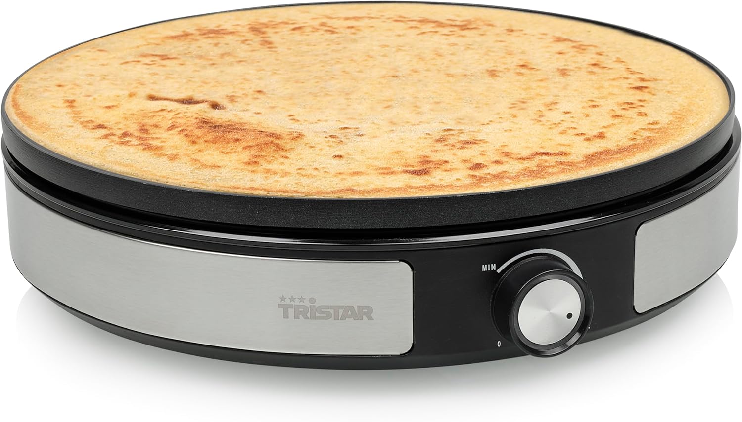 Máquina de crepes redonda TRISTAR com base em inox e preto e crepe dourado em cima