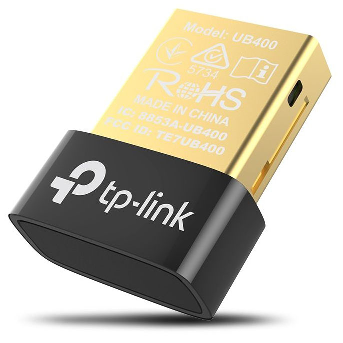 Adaptador wireless TP-Link modelo UB400 com conector USB dourado e corpo preto
