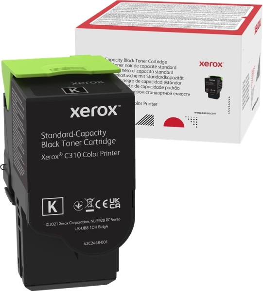 Cartucho de toner preto Xerox com tampa verde e embalagem branca com detalhes vermelhos