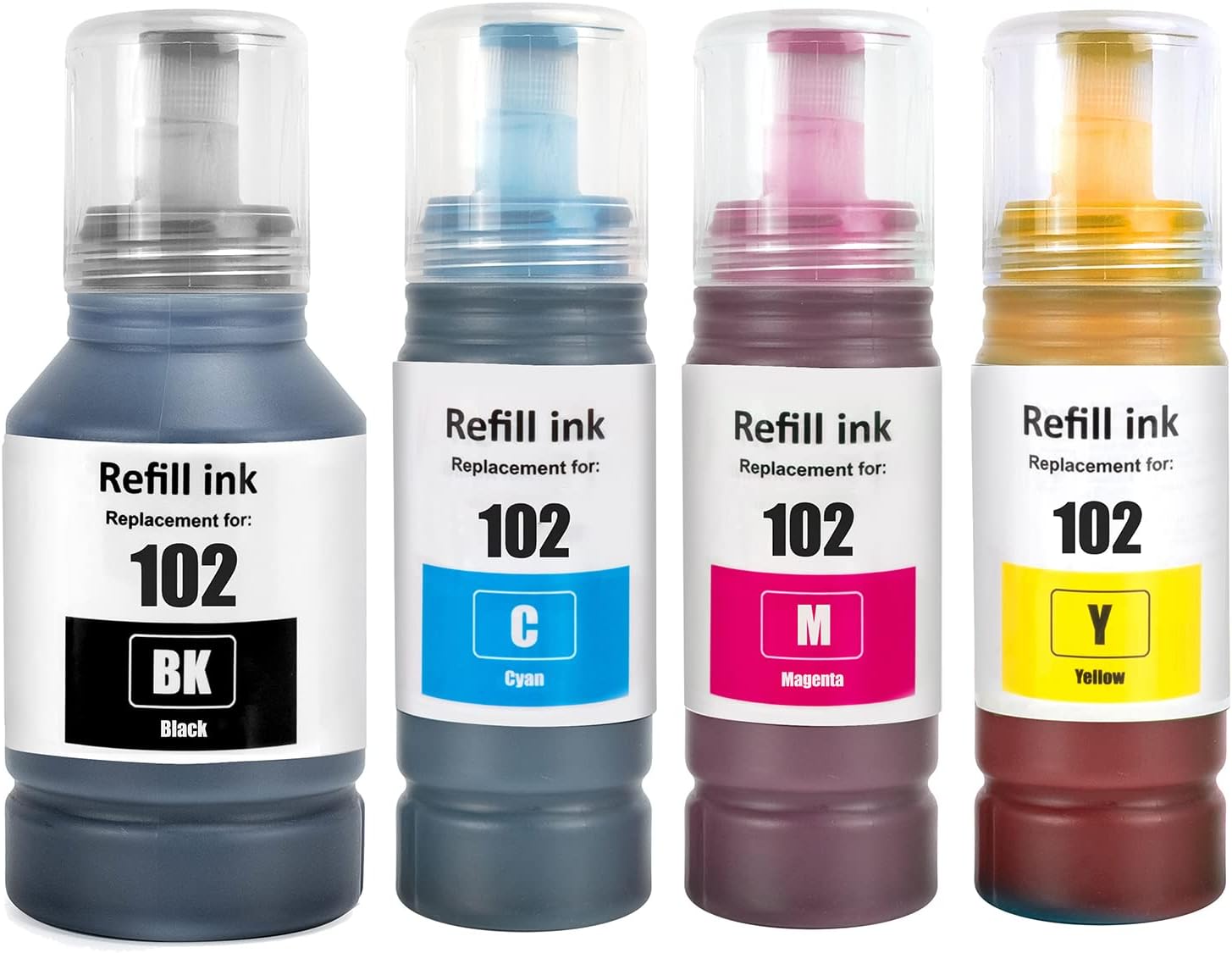 Frascos de tinta para recarga nas cores preto, ciano, magenta e amarelo